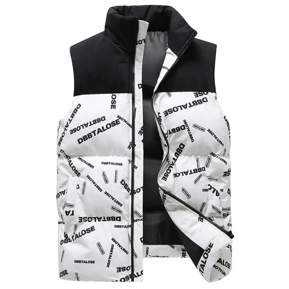 Men's insulated puffer vest with letter pattern and detachable hood, featuring zipper closure for stylish winter wear. SF1935.